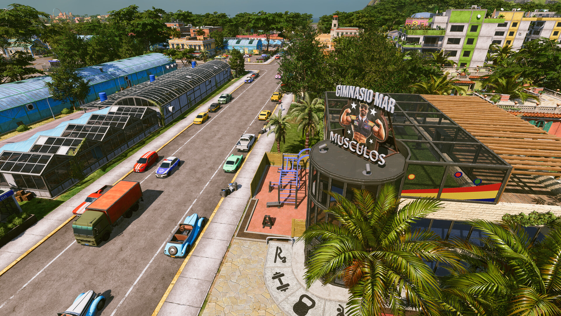 Captura oficial de Tropico 7 con tránsito, invernaderos y un gimnasio dedicado a El Presidente